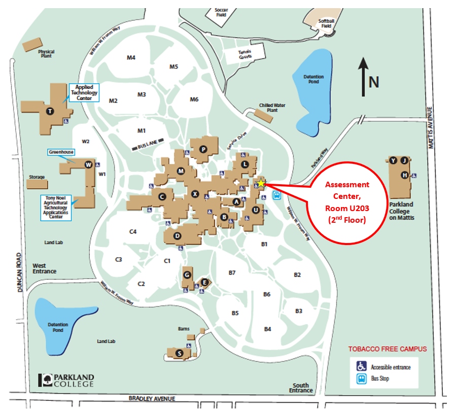 Campus map with Assessment center marked at Room U203 2nd floor in student union Campus map with Assessment center marked at Room U203 2nd floor in student union